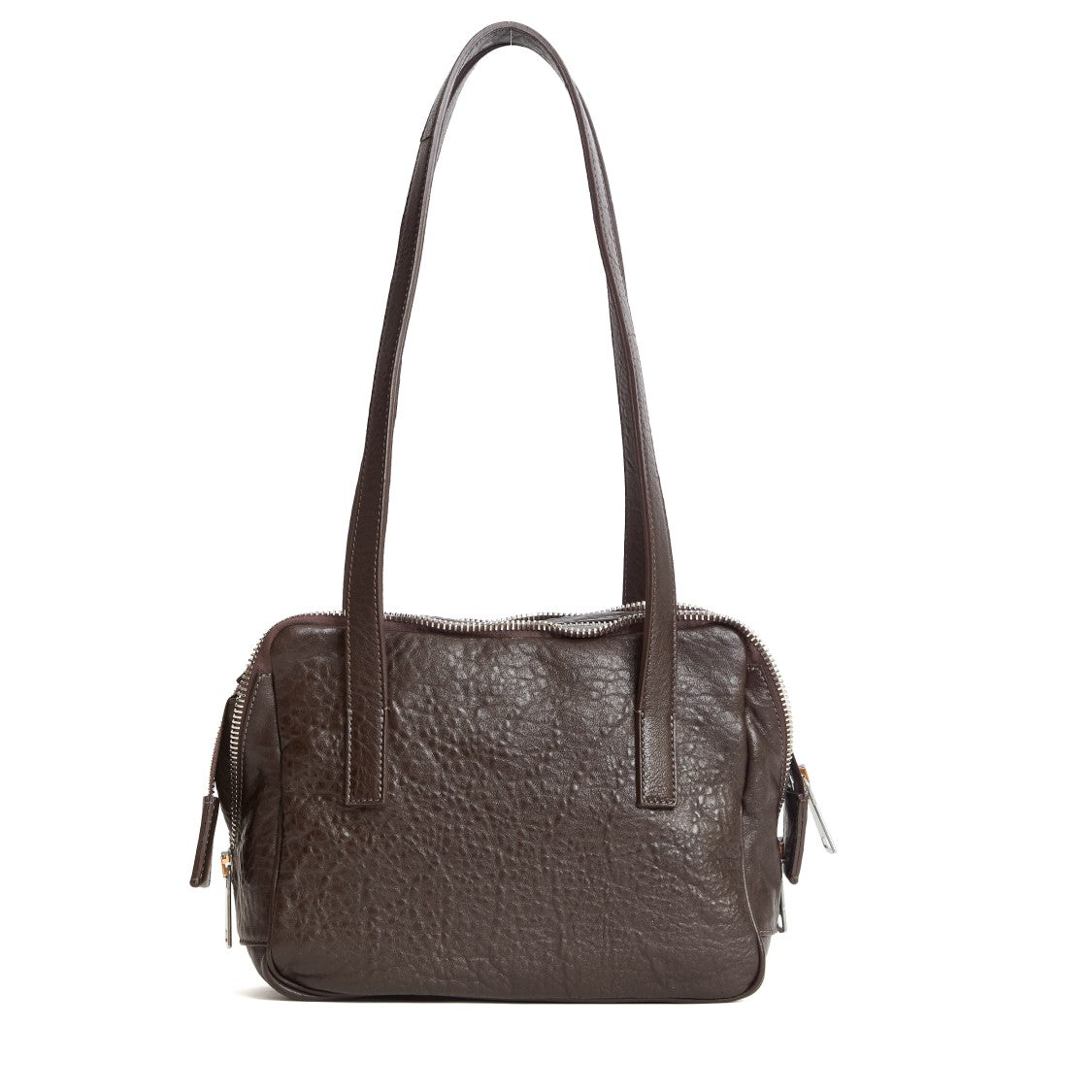 Amine Crinkled Brown Leather Shoulder Bag With Dual Zip Closure