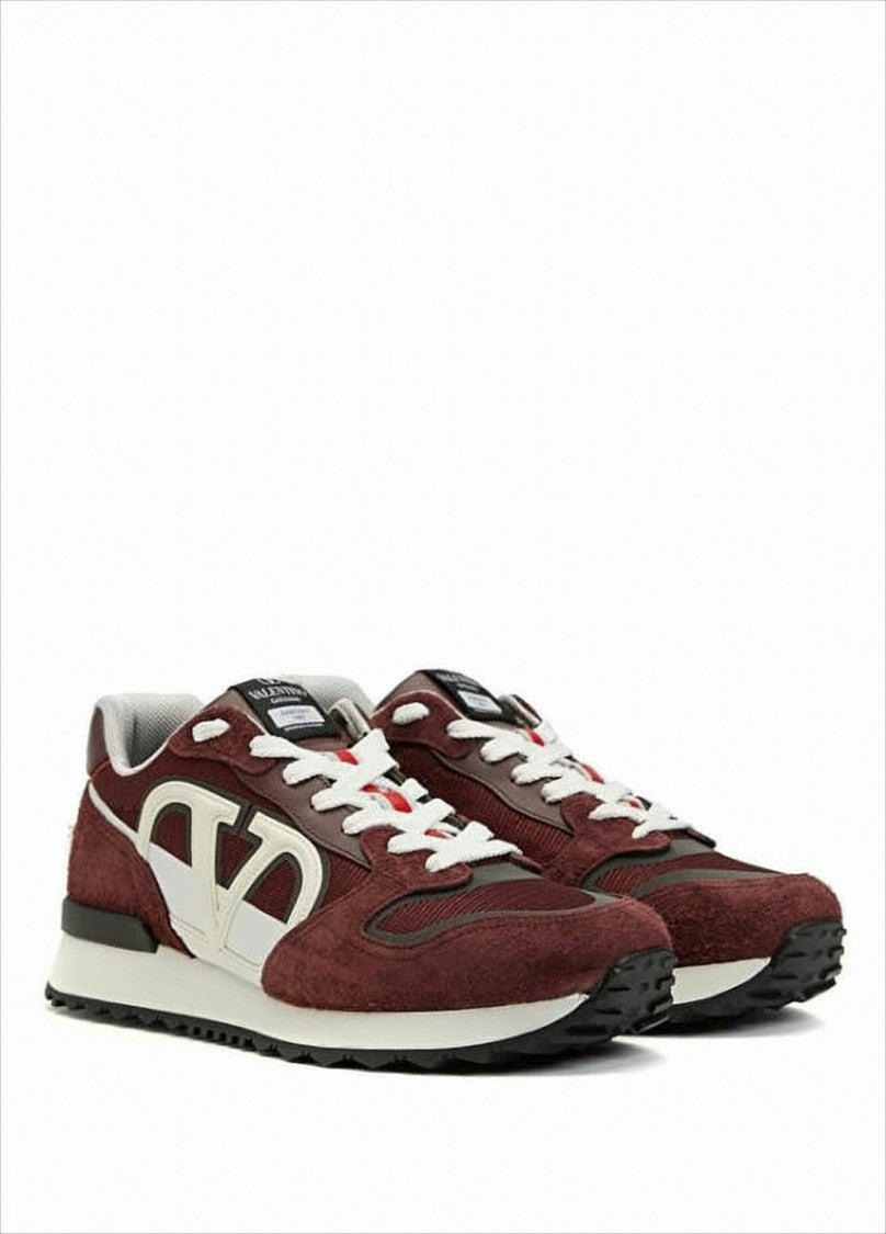 Valentino Garavani Burgundy Leather And Suede Low-Top Sneakers