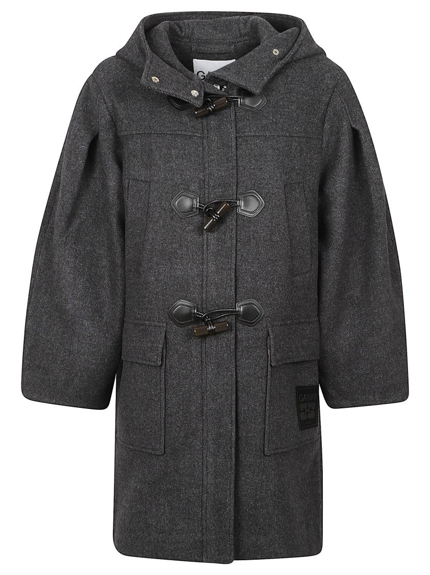 Ganni Structured Grey Wool Blend Coat With Hood