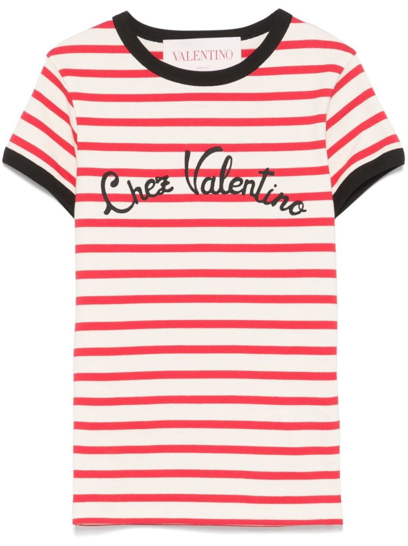 Valentino White And Red Striped Cotton T-Shirt
