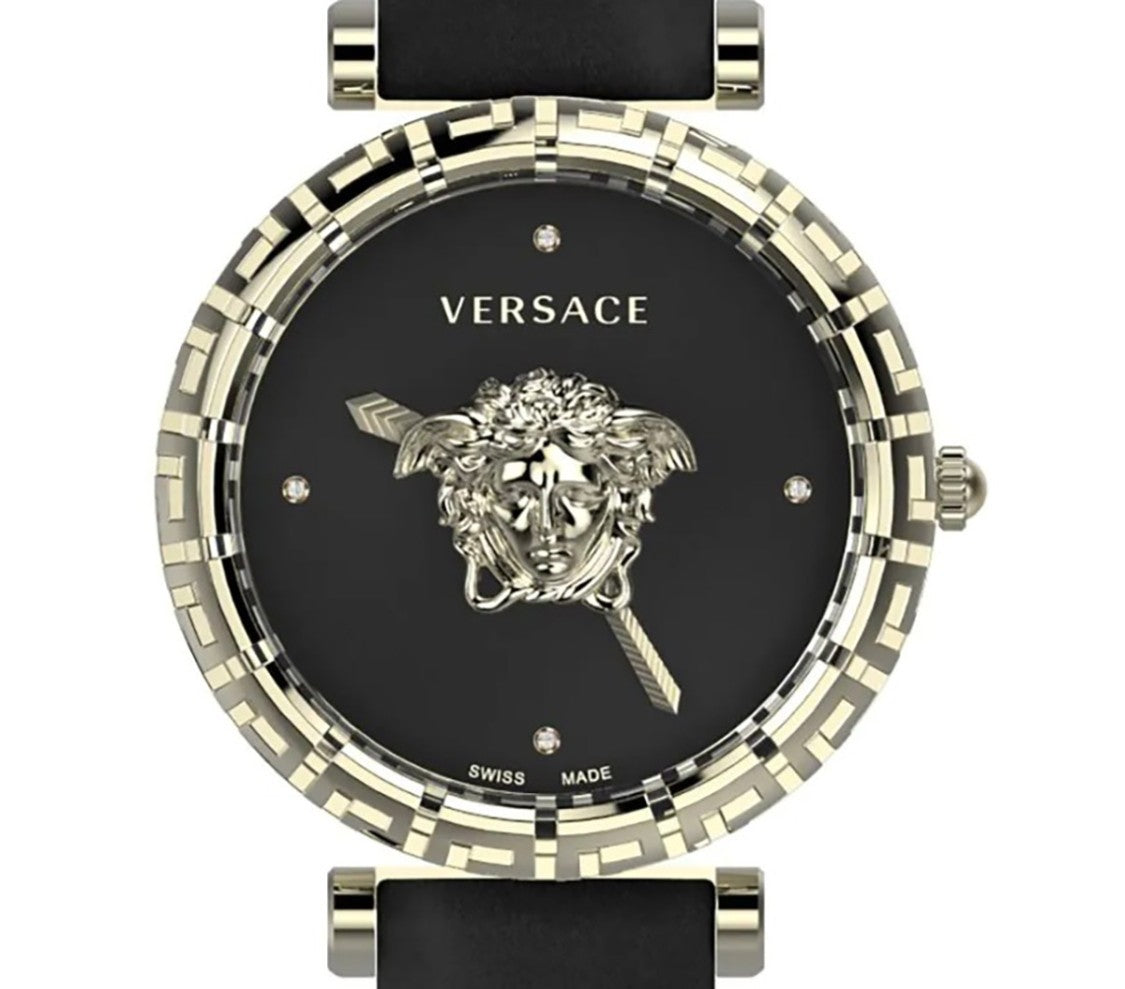 Versace Palazzo Empire Greca Diamond Quartz Watch With Black Leather Strap