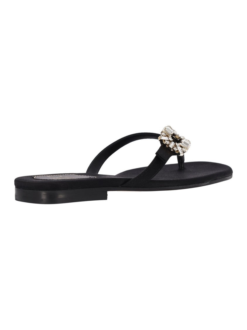 Roger Vivier Black Satin Crystal Slides Sandals