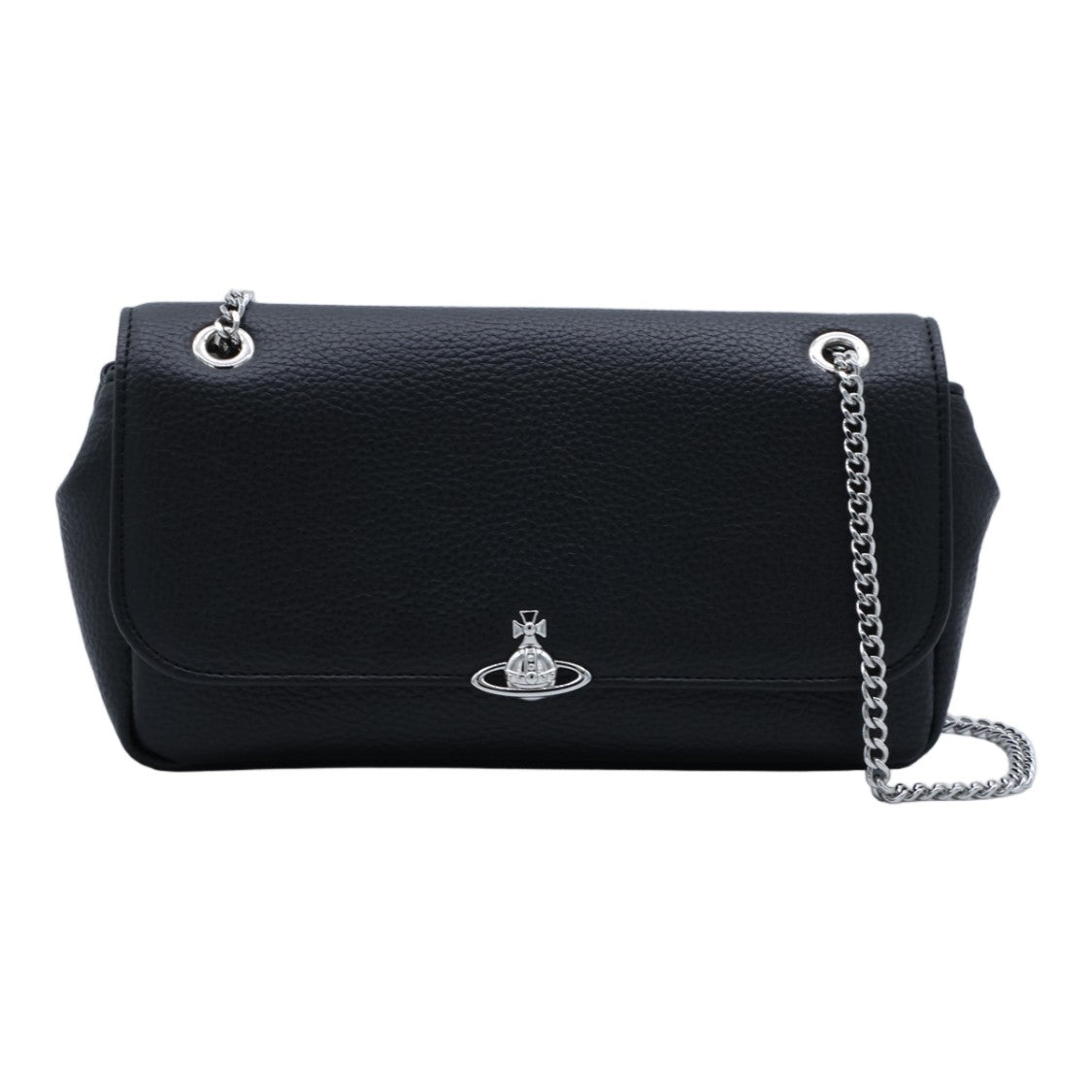 Vivienne Westwood Rectangular Black Pebbled Leather Bag With Silver Chain Strap