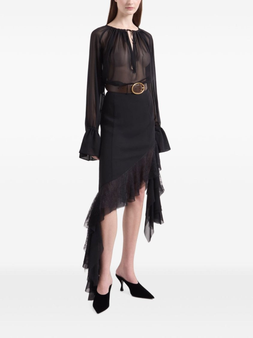 Nina Ricci Sheer Black Blouse With Voluminous Sleeves And Tie Detail