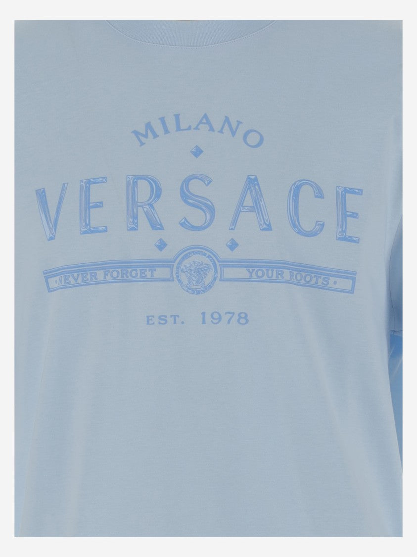 Versace Light Blue Cotton T-Shirt With Logo Print