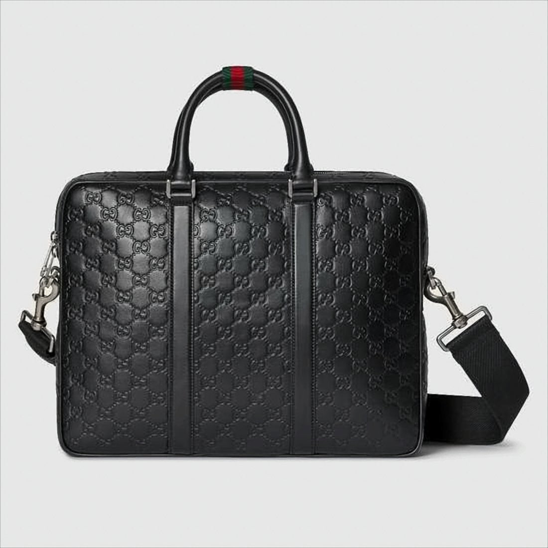 Gucci Embossed Black Leather Tote Bag With Signature Detail