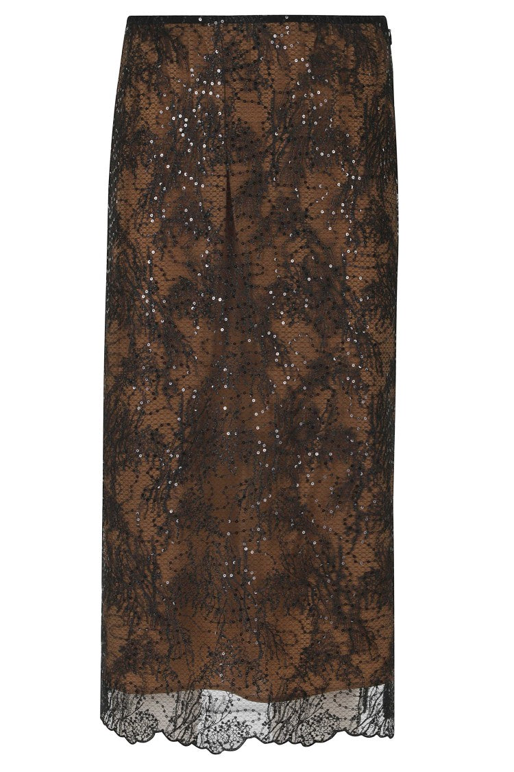 Semi Couture Black Camilla Scalloped Lace Hem Sequin Midi Skirt