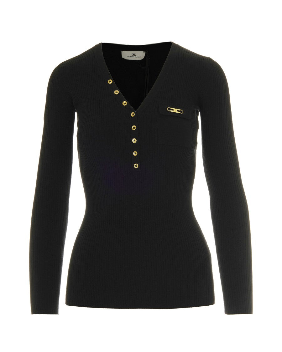 Elisabetta Franchi Black Ribbed Top With Pocket Detail