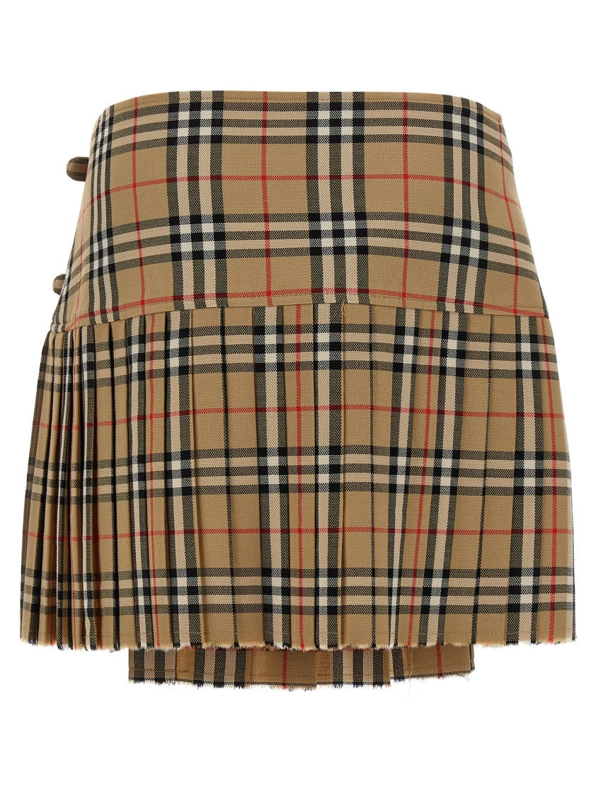 Burberry Kilt Pleated Mini Skirt With Frayed Hem And Adjustable Side Straps
