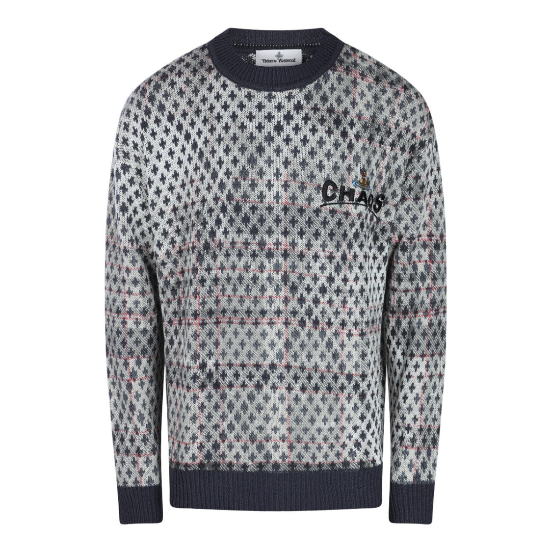 Vivienne Westwood Patterned Grey Knit Sweater With Embroidered 'Chaos'