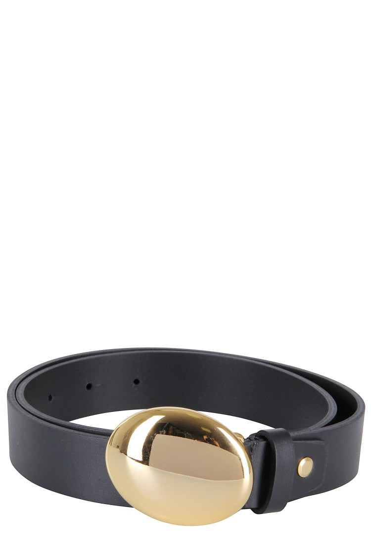 Federica Tosi Black Leather Belt With Oval Gold Buckle