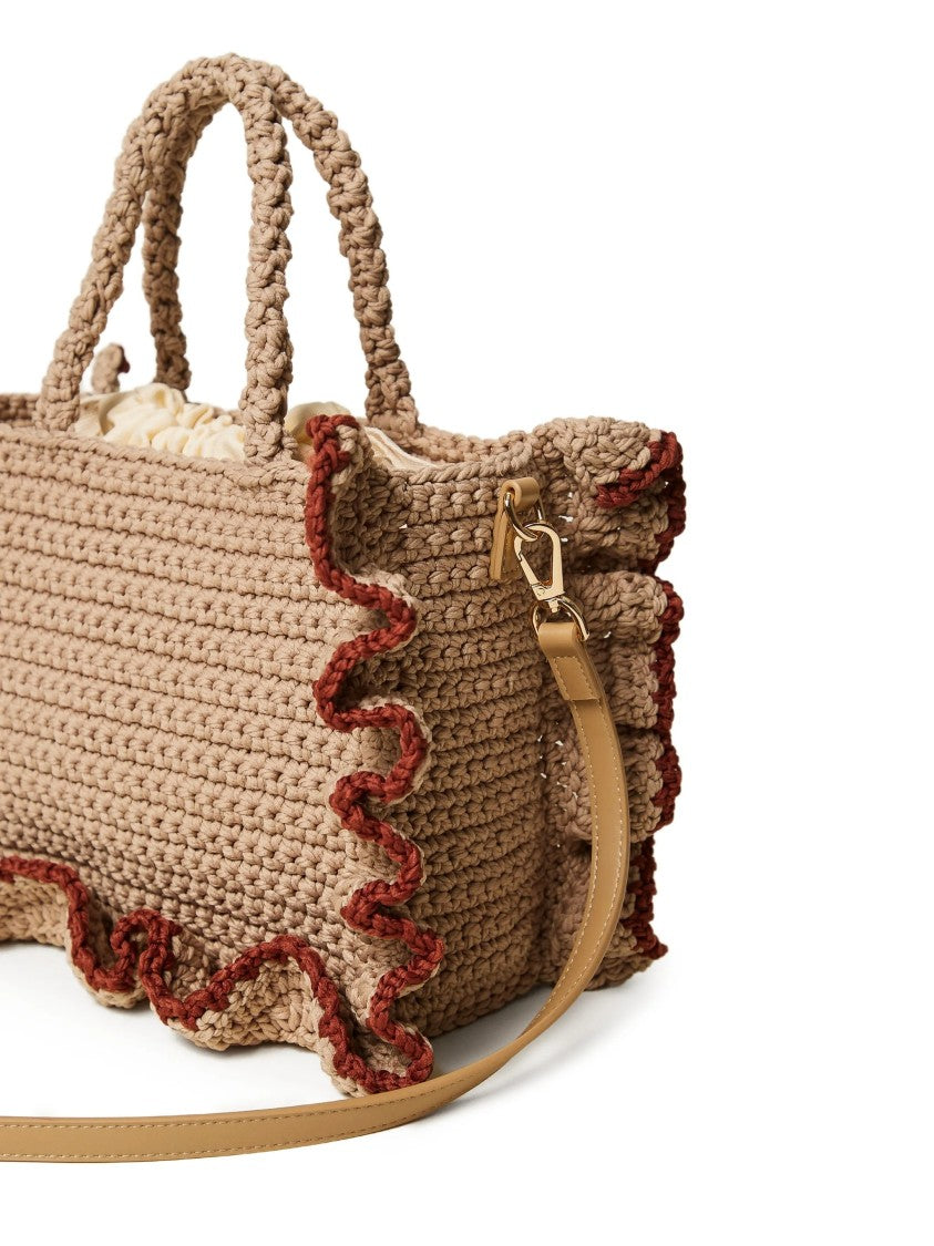 Twin-Set Rectangular Woven Bag With Ruffled Edges And Leather Strap
