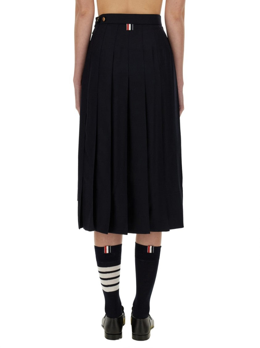 Thom Browne Mid-Calf Pleated Skirt With Side Button Closure