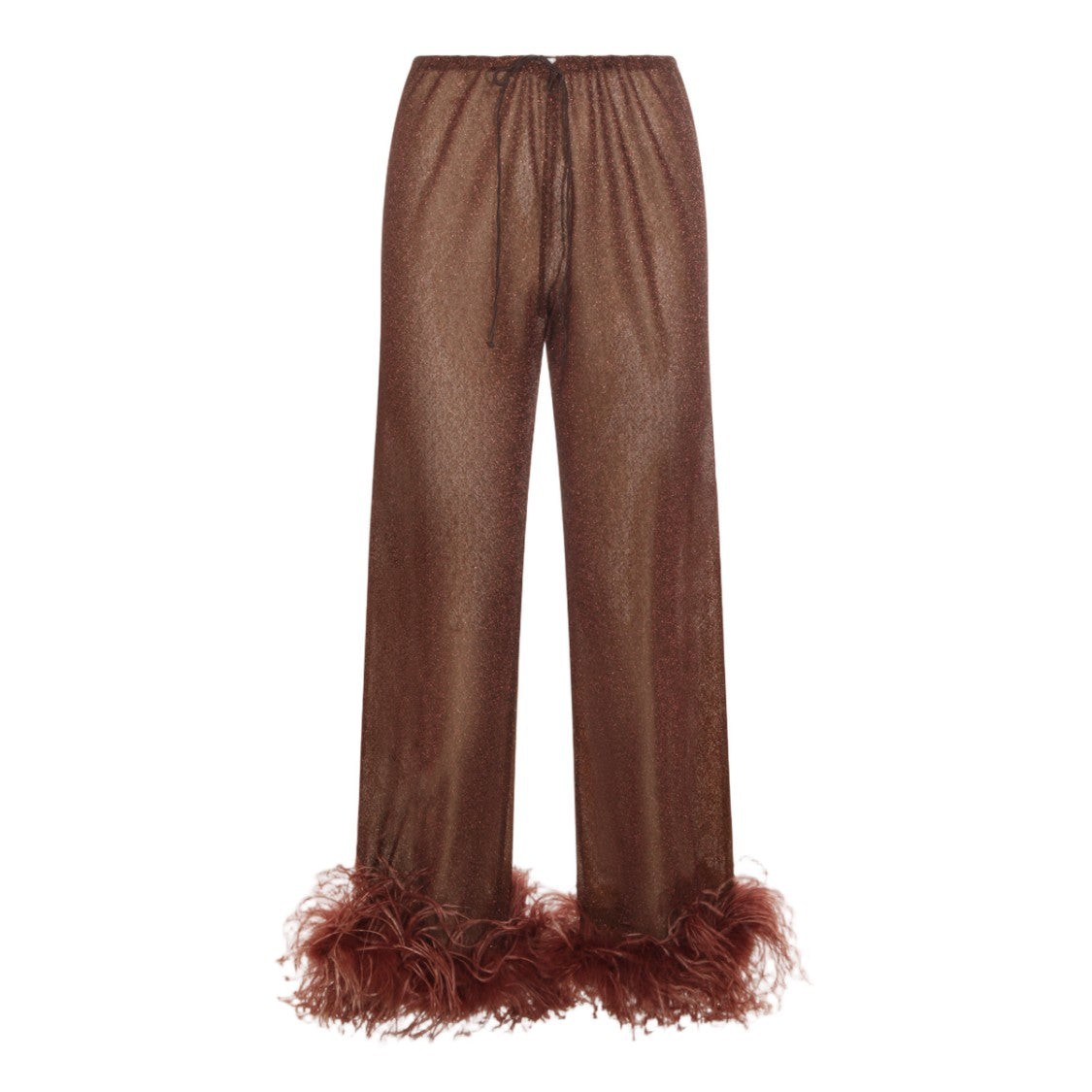 Oséree Sheer Brown Trousers With Feather Trim