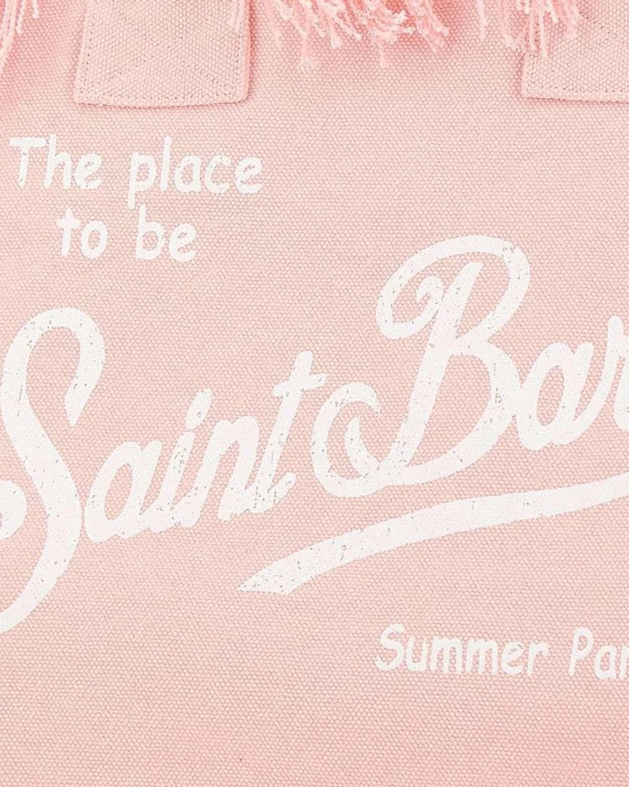 Mc2 Saint Barth Fringed Pink Cotton Canvas Tote Bag With Logo Design