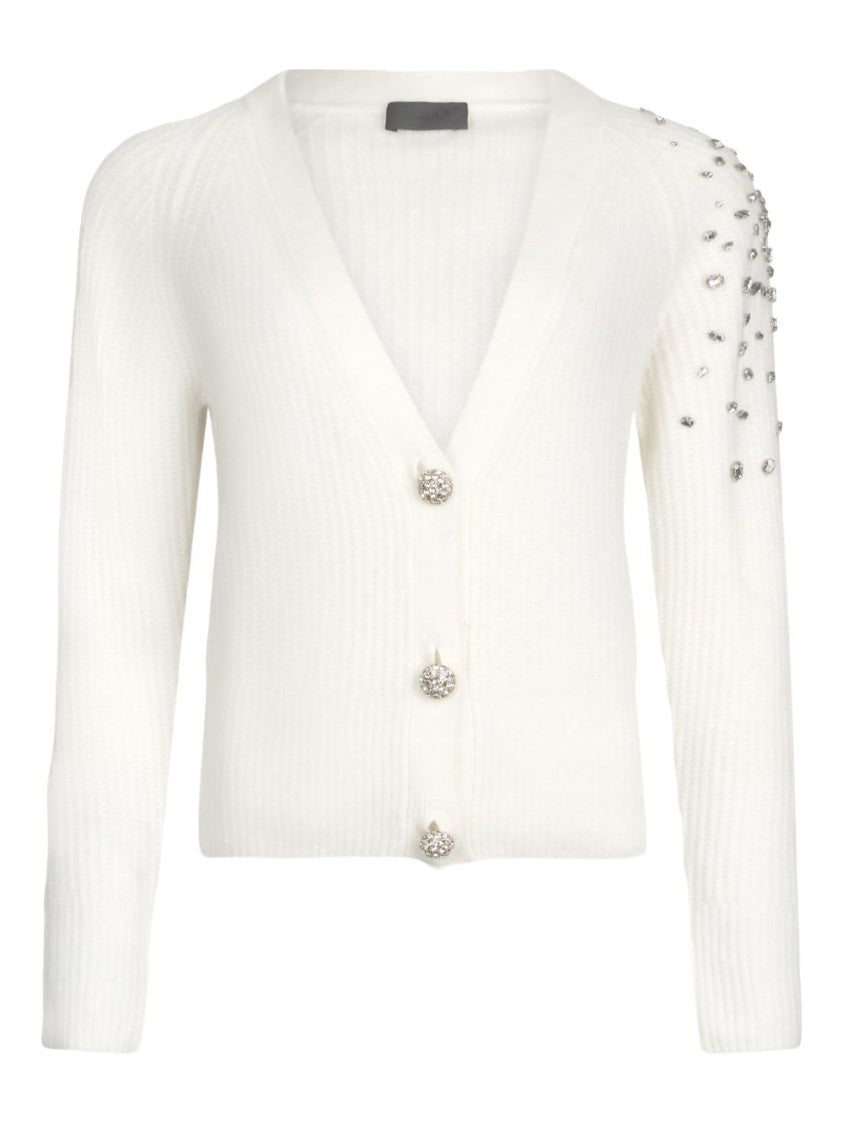 Liu Jo Textured White Sweater With Deep V-Neckline And Embellished Shoulder