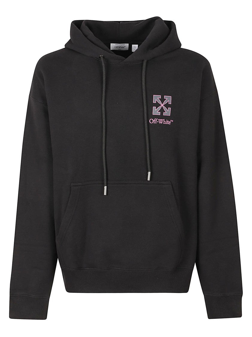 Off-White Black Cotton Hoodie Sweater With Adjustable Drawstring And Kangaroo Pocket