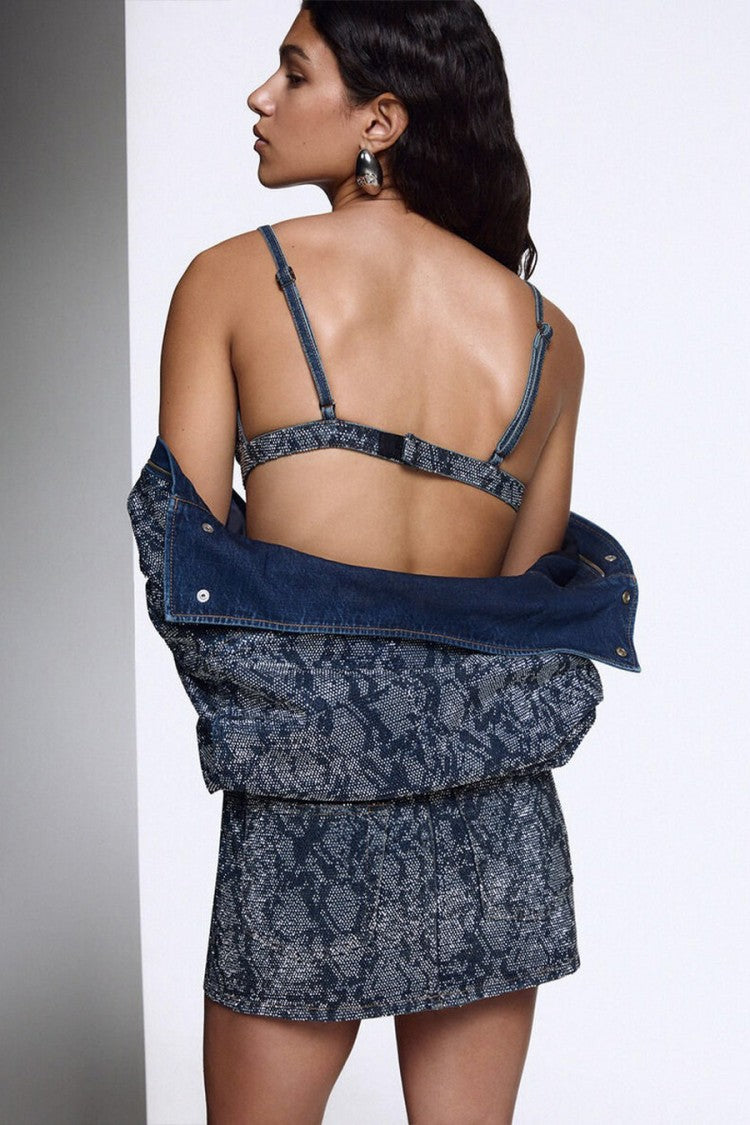 Liu Jo X Capsule 1 Elodie Blue Snake-Print Studded Cotton Bralette