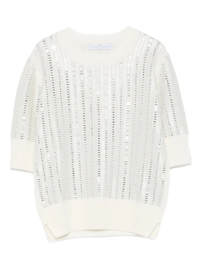 Ermanno Scervino Textured White Short Sleeve Sweater