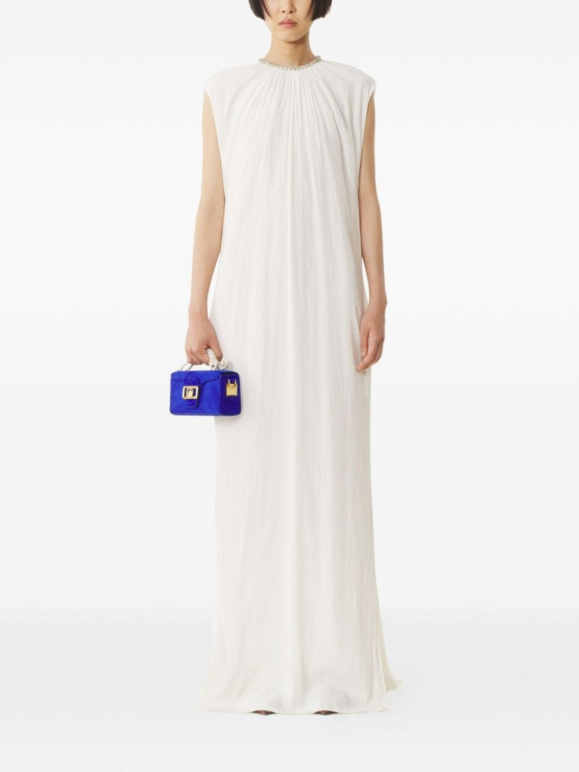 Lanvin White Embellished Collar Gathered Sleeveless Dress