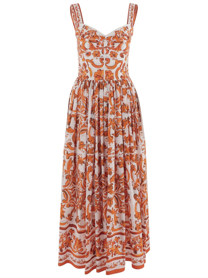 Dolce & Gabbana Long Cotton Poplin Dress With Majolica Print And Smocked Back