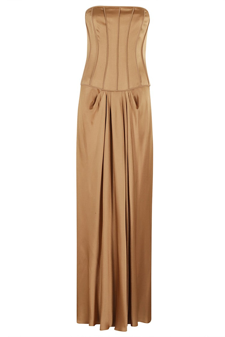Alberta Ferretti Bustier Satin Dress With Pleated Skirt