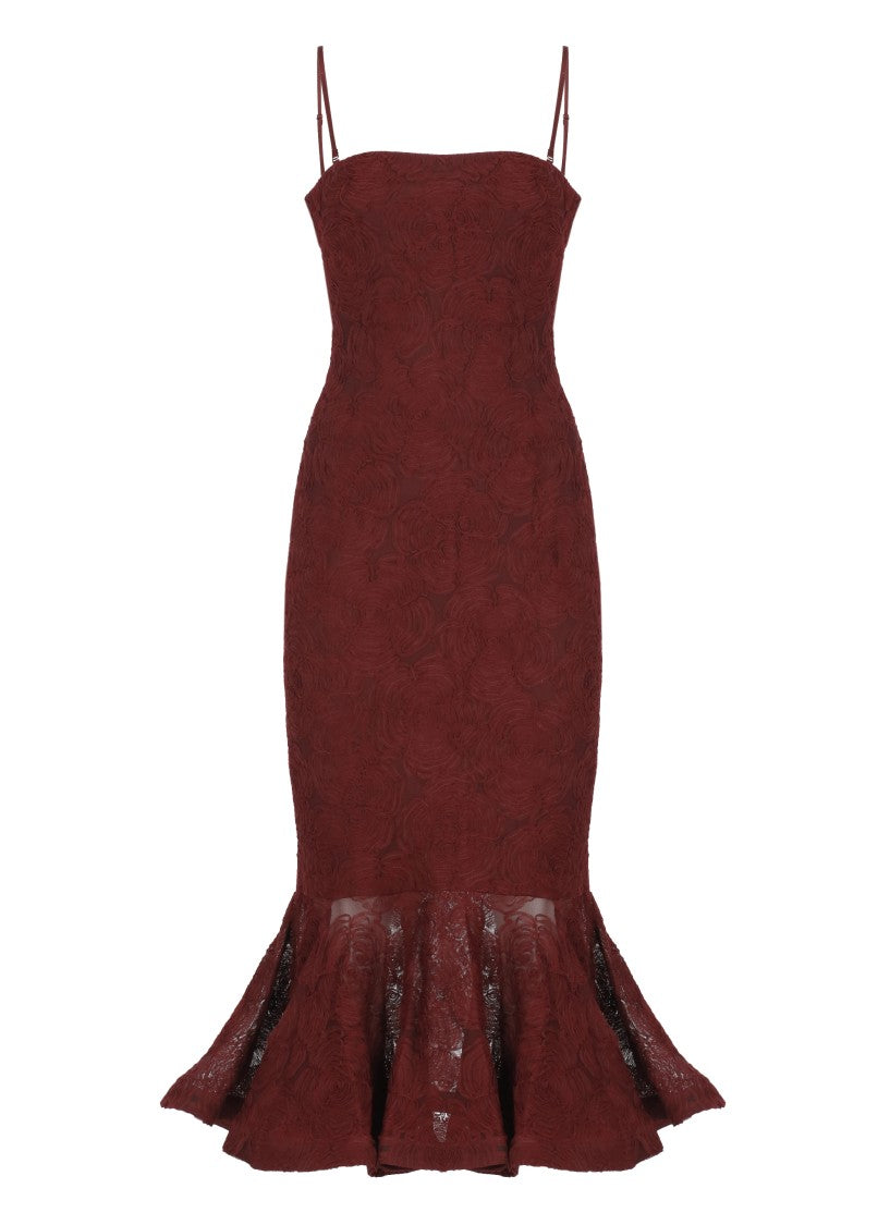 Rotate | Burgundy Floral mesh ruffle Dress | Woman