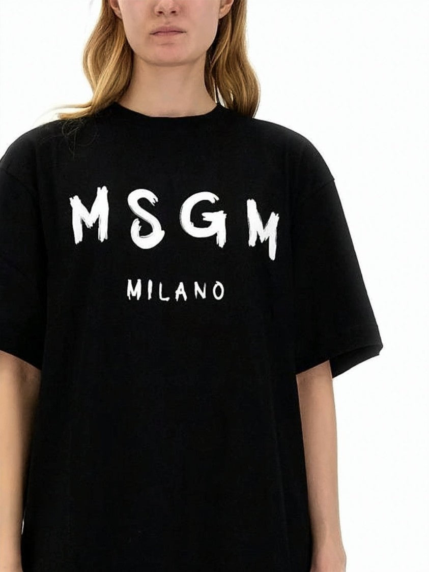 Msgm Oversized Black Mini Dress With Brushstroke Lettering