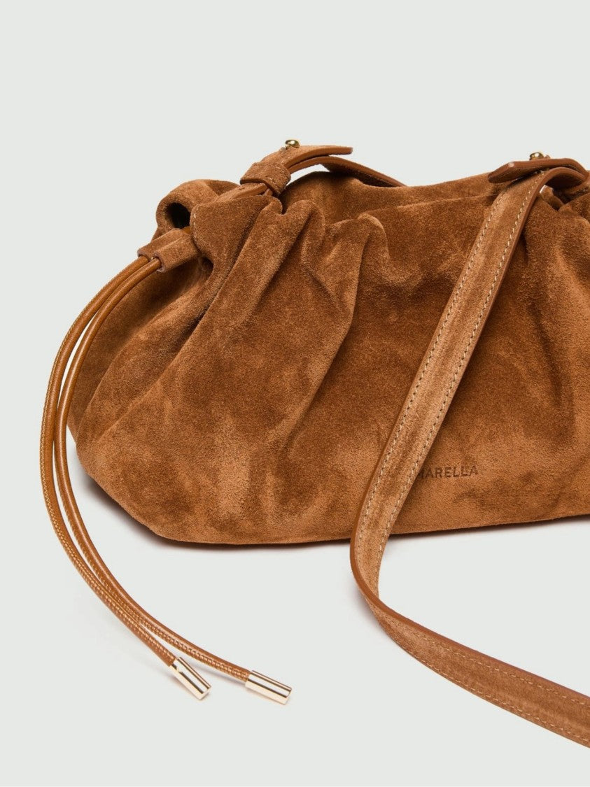 Marella Ruched Design Suede Shoulder Bag With Adjustable Strap