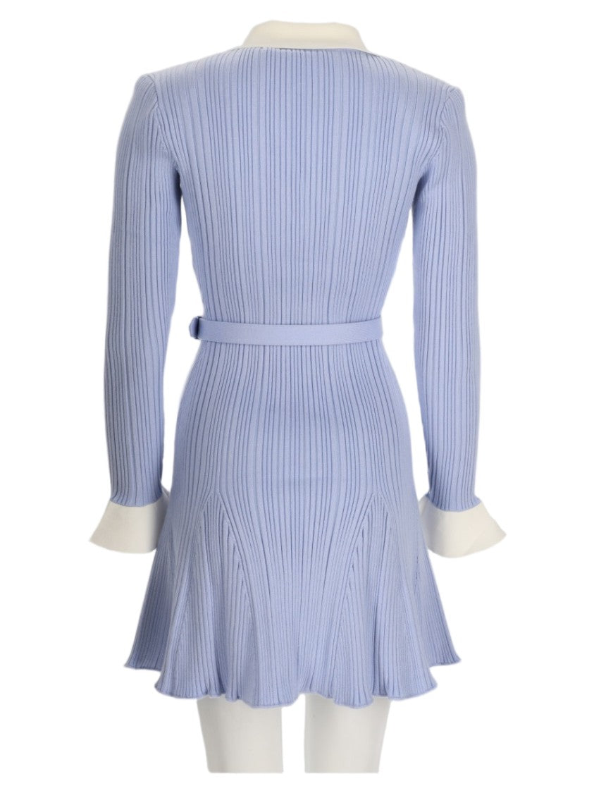 Self-Portrait Ribbed Mini Dress With Belted Waist And Flared Skirt