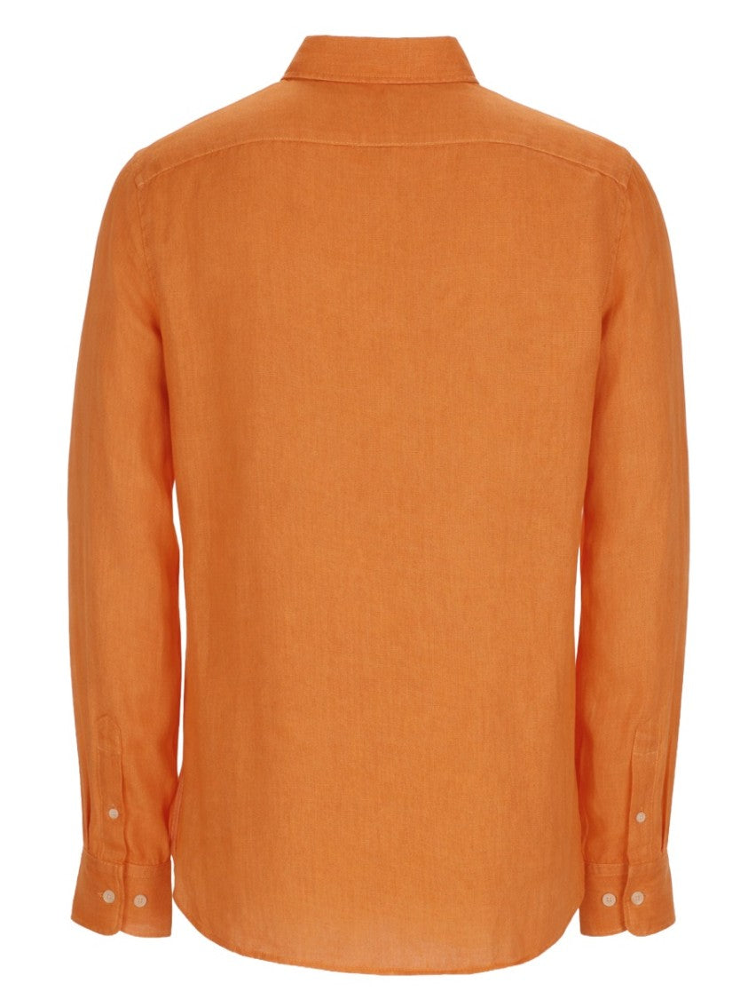 120% Lino Orange Linen Button-Down Casual Shirt