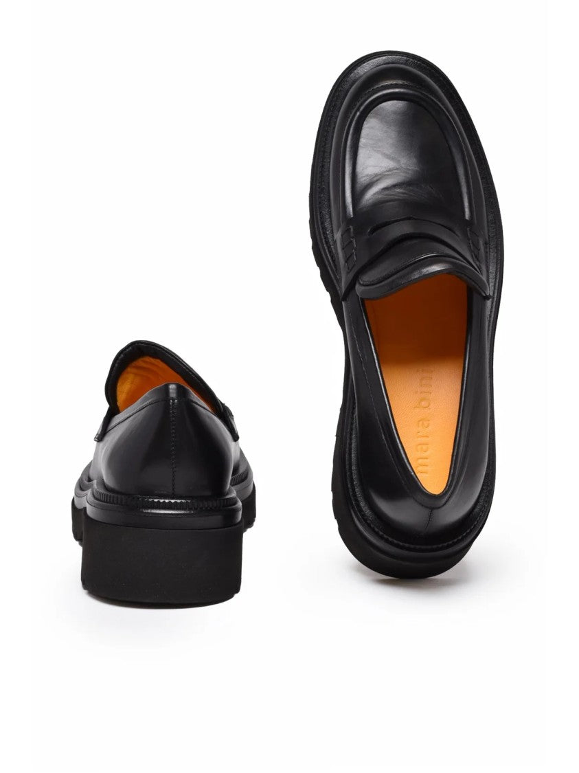 Mara Bini Black Platform Penny Strap Leather Loafers