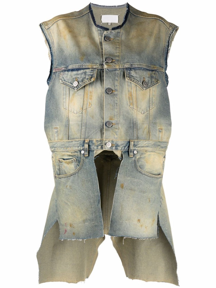 Maison Margiela Distressed Denim Vest With Asymmetrical Hem And Button-Up Front