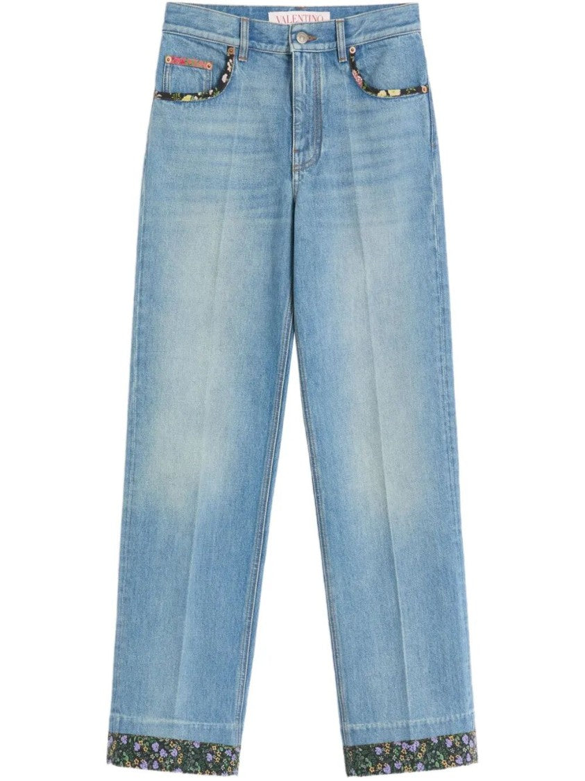 Valentino Relaxed Fit Jeans With Floral Print Hem