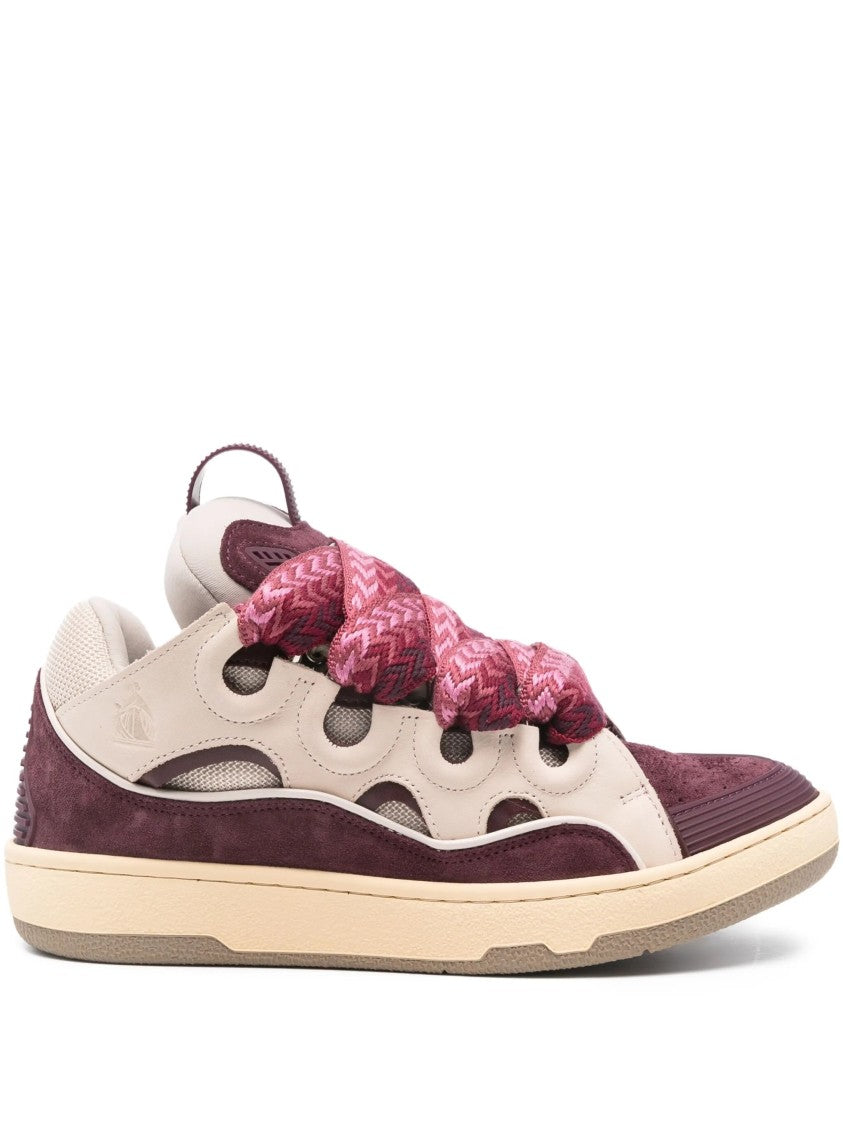 Lanvin Beige Burgundy Panelled Suede Mesh Sneakers