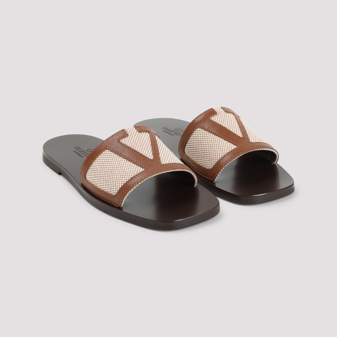 Valentino Brown Leather And Mesh Sandals With Textured Strap