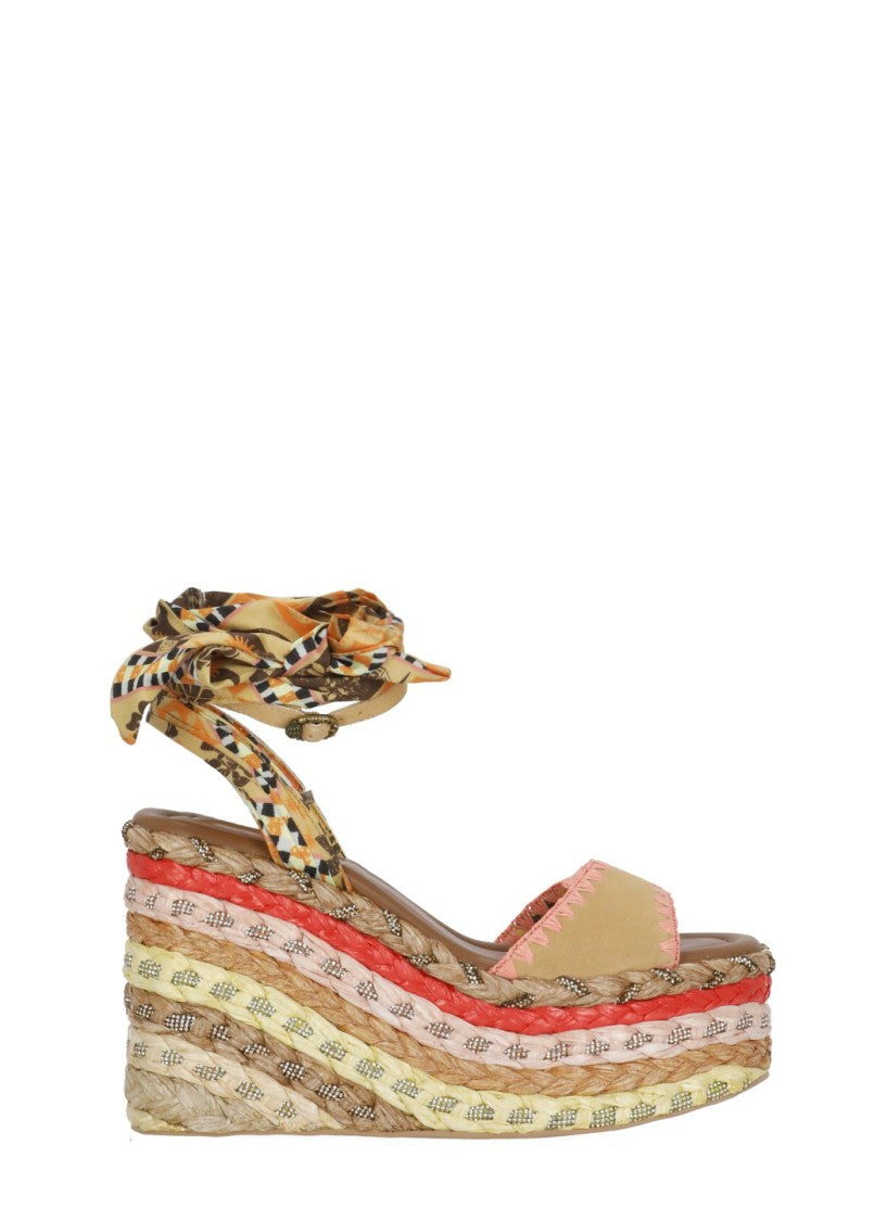 Kurt Geiger Beige Chelsea Scarf Wedges Raffia Sandals
