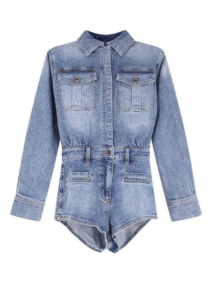 Self-Portrait Blue Denim Playsuit With Textured Finish