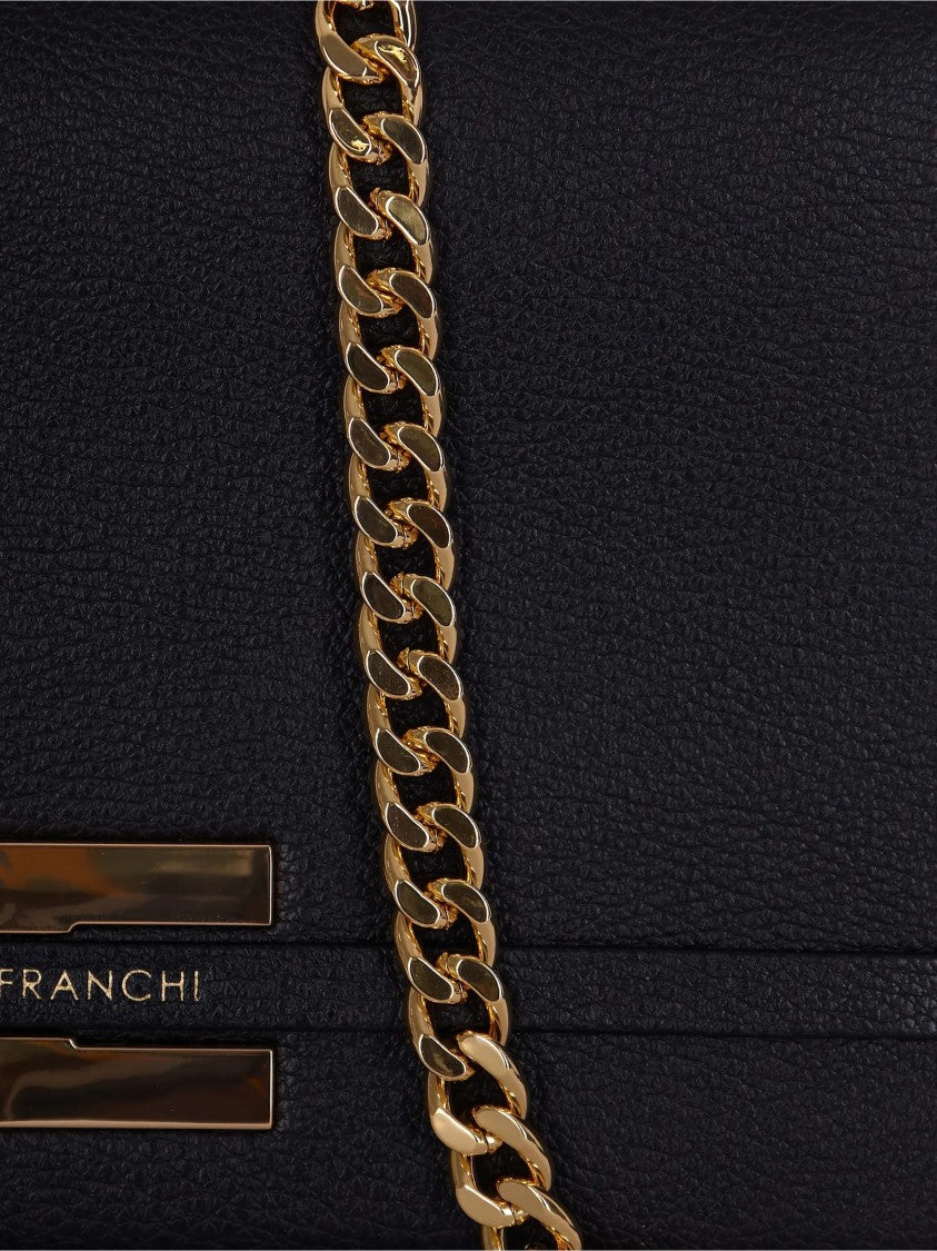Elisabetta Franchi Rectangular Black Textured Gold Chain Clutch