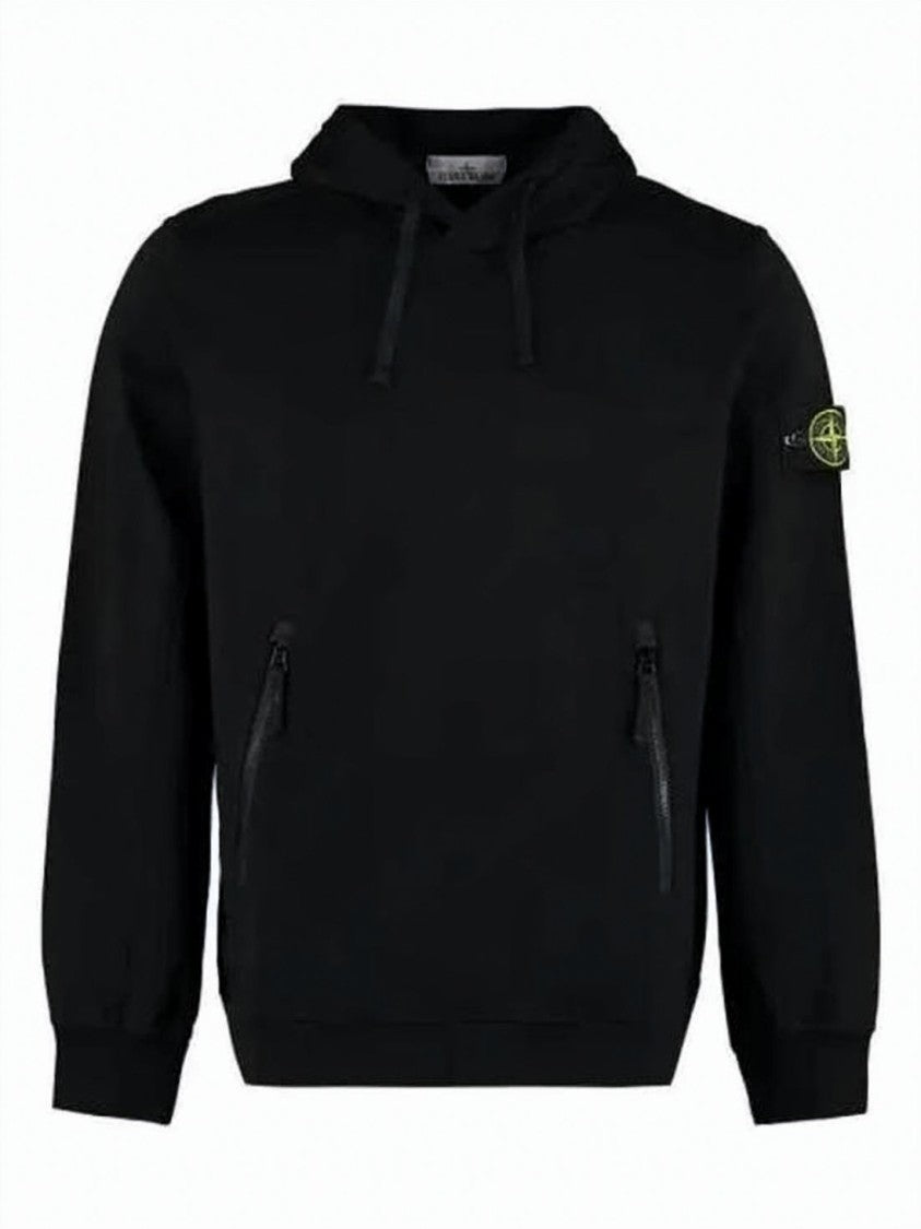 Stone Island Minimalist Black Hooded Sweatshirt With Logo Patch