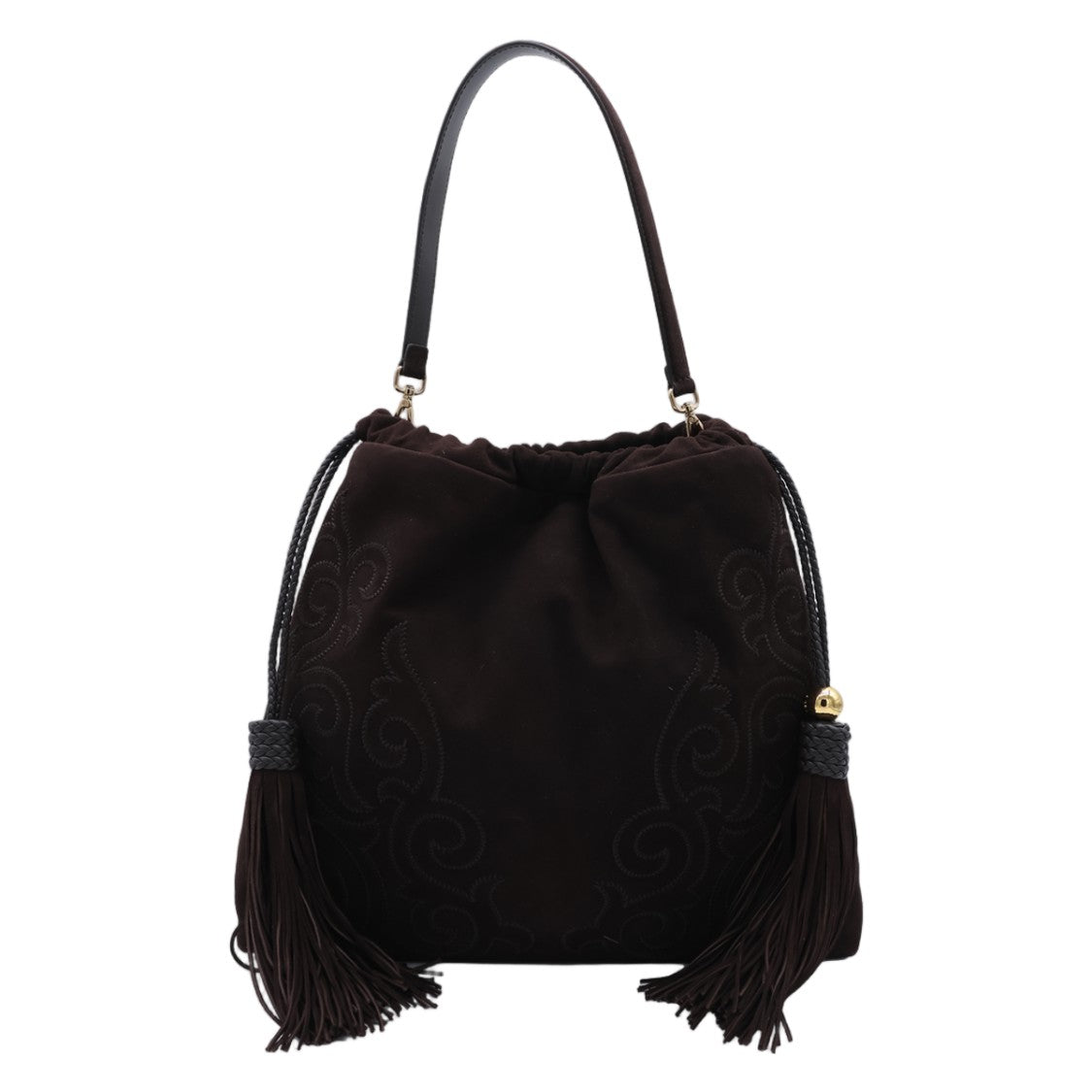Etro Dark Brown Suede Shoulder Bag With Intricate Embroidery
