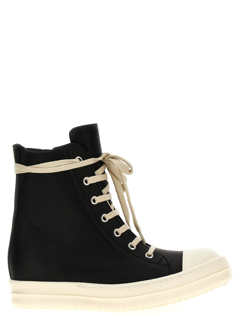 Rick Owens High-Top Black Leather Sneakers With Side Zip And Rubber Sole