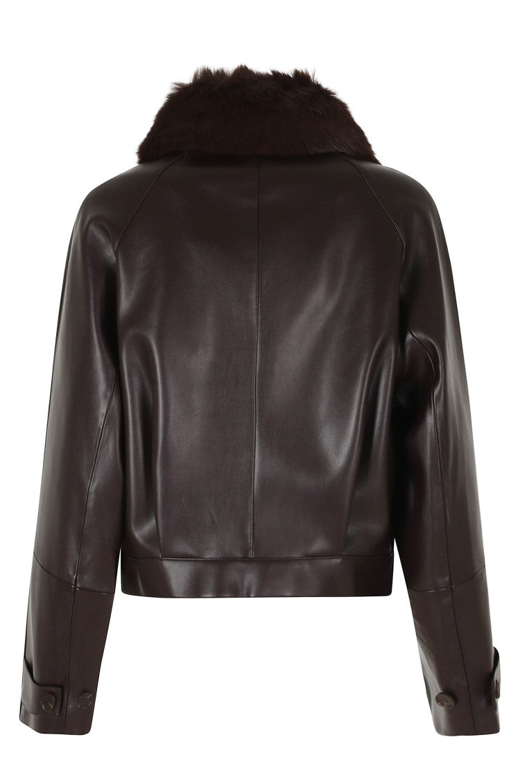 Isabelle Blanche Brown Faux Leather Fur Collar Bomber Jacket
