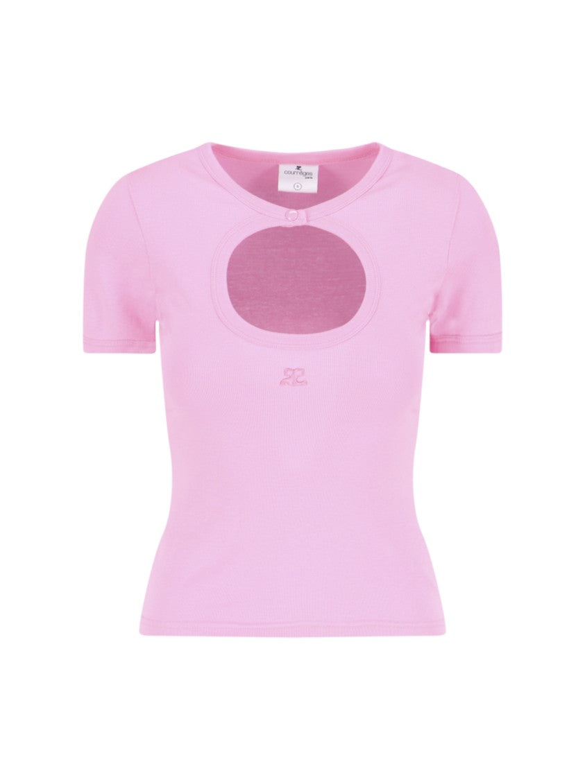 Courrèges Cut-Out Design Pink Cotton T-Shirt