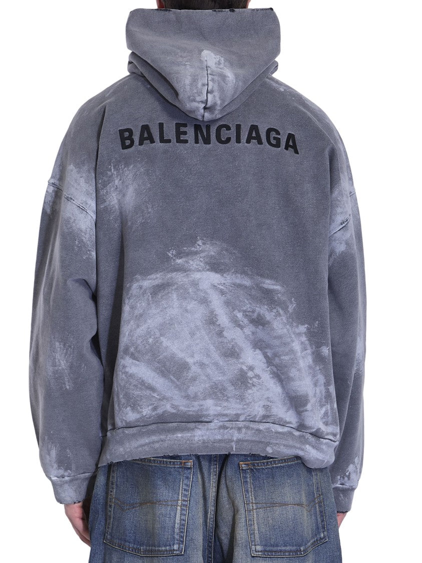Balenciaga Washed Grey Oversized Hoodie With Tie-Dye Effect And Bold Logo