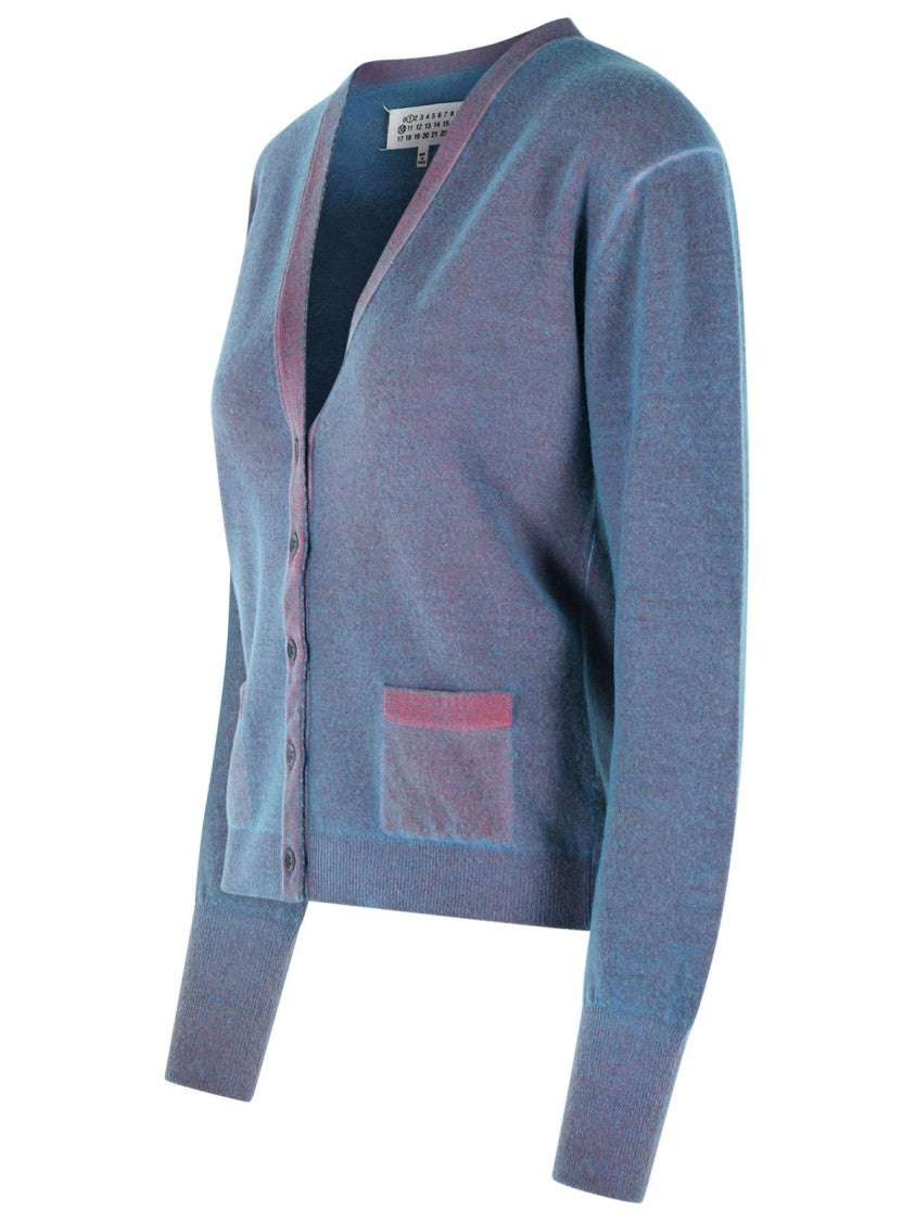Maison Margiela Virgin Wool Cardigan With Light Blue And Red V-Neck