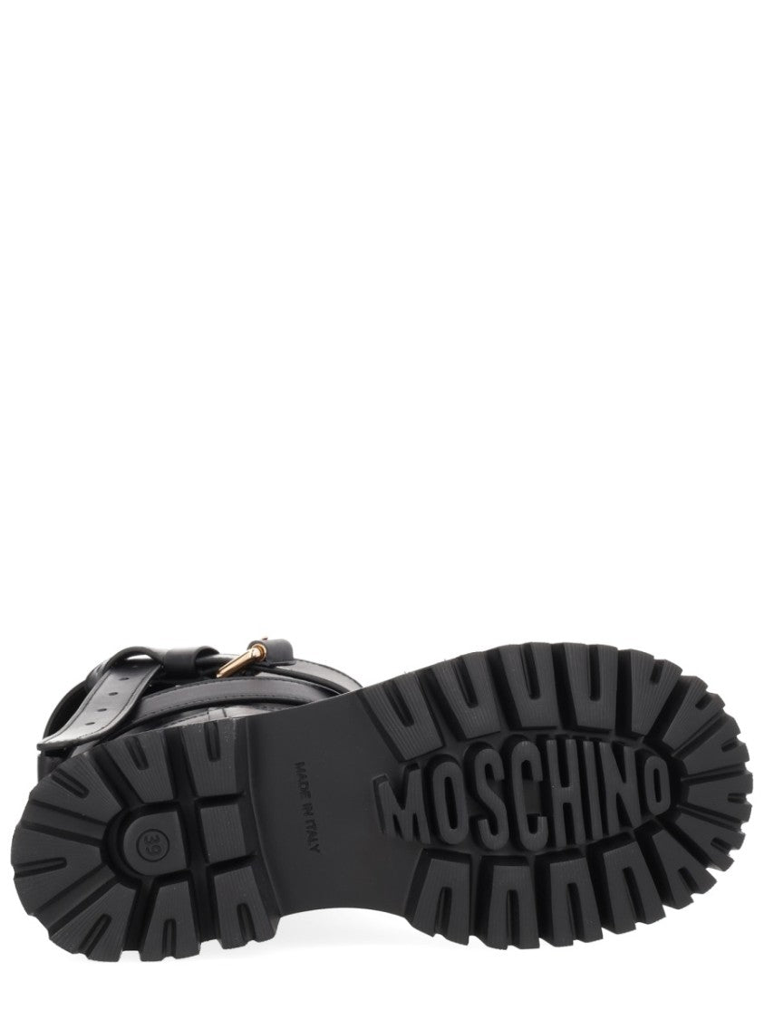 Moschino Polished Tie-Me Leather Lug Sole Boots