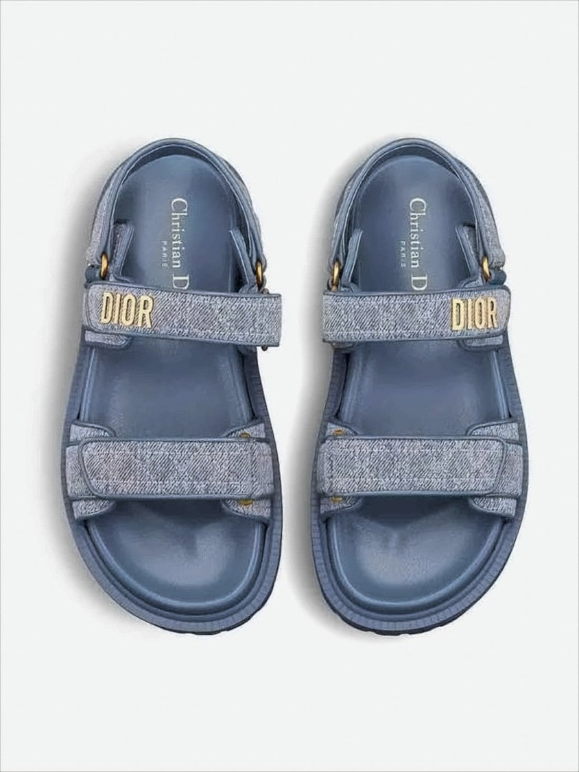 Christian Dior Textured Blue Sandals With Adjustable Straps And Gold-Tone Detailing