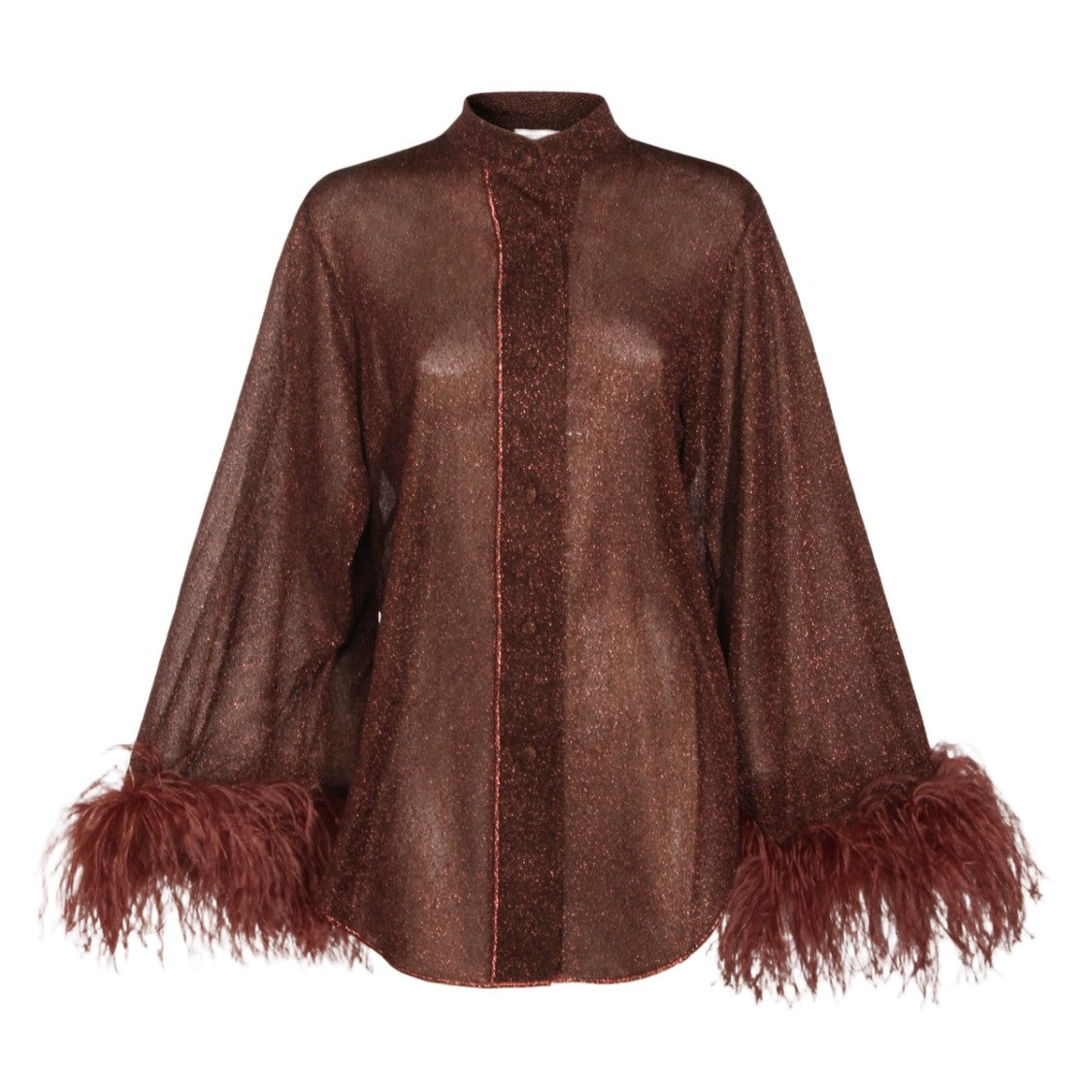 Oséree Shimmering Brown Top With Feathered Cuffs