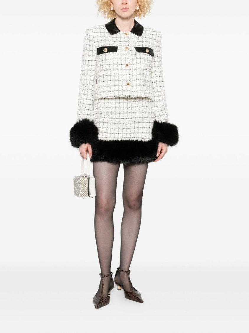 Self-Portrait Check Boucle Fur Hem Mini Skirt